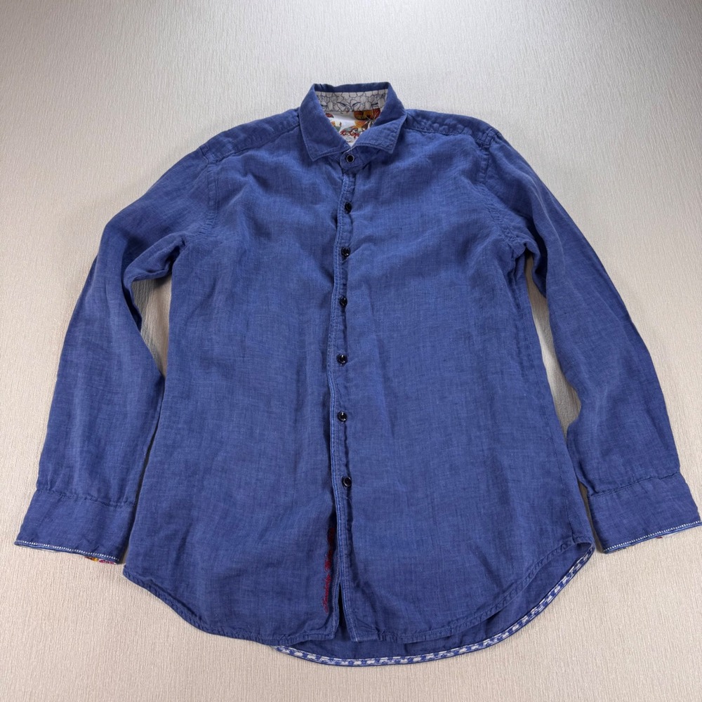 Robert Graham Blue Linen Button Down Shirt Classic Fit Mens Medium Long Sleeve